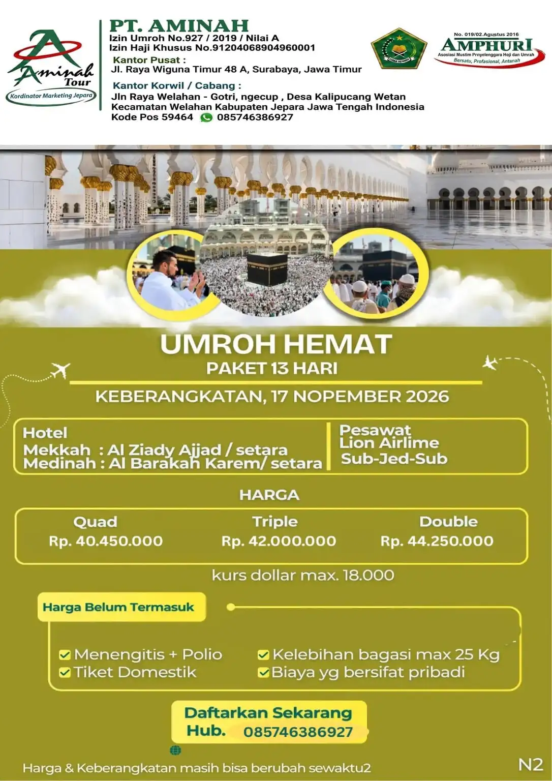 Umrah Hemat, 17 Nov 26, 12D, Surabaya