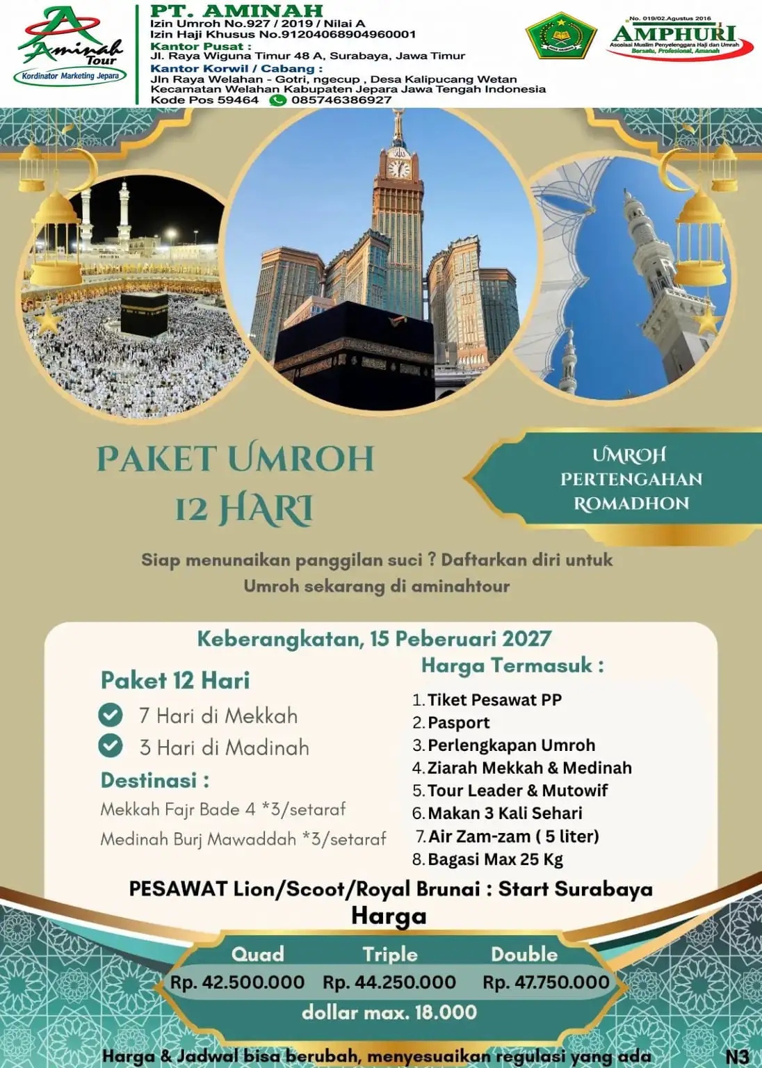 Umrah Pertengahan Romadhon, 15 Peb 2027, Surabaya