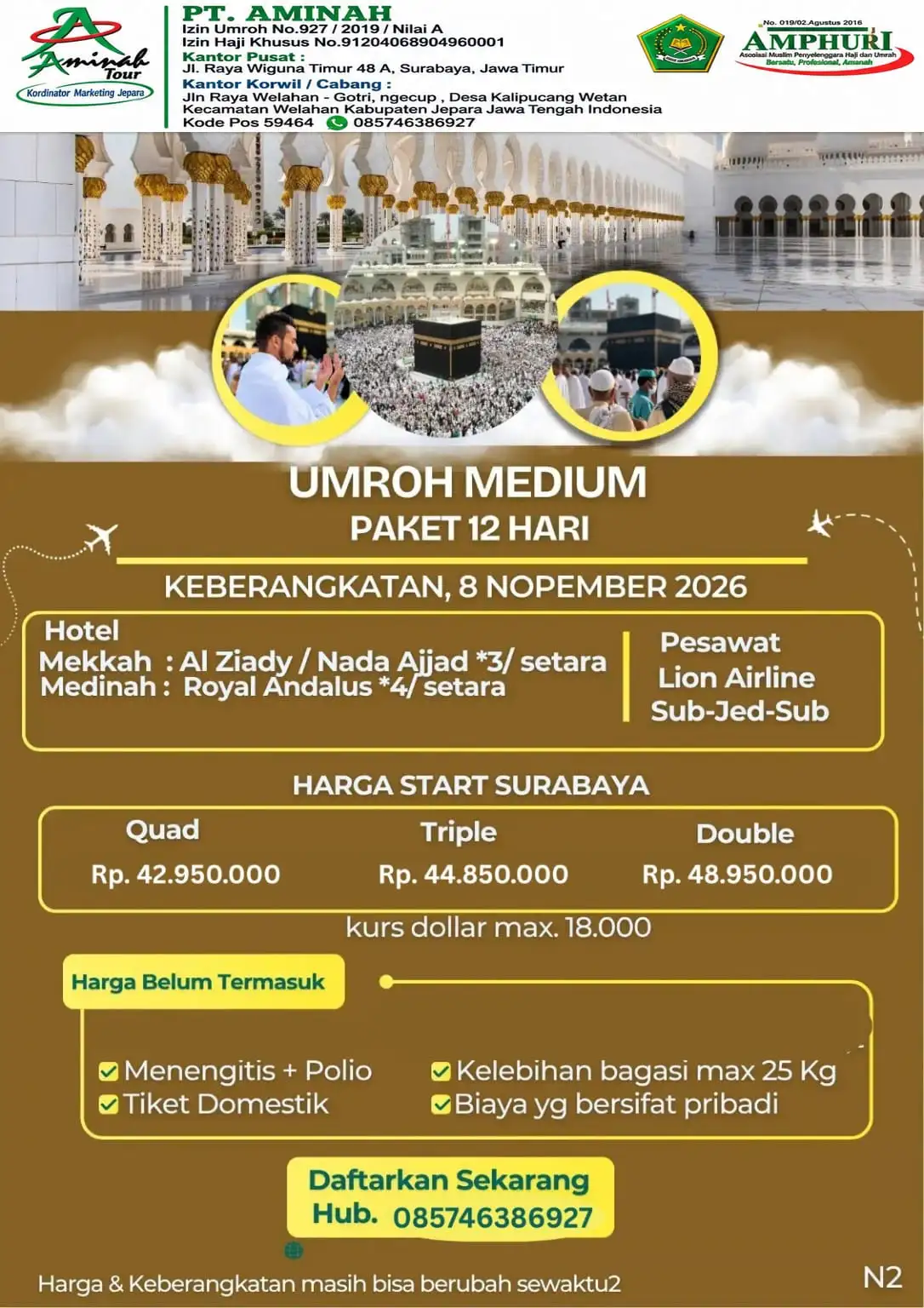 Umroh Medium, 8 Nov 2026, 12D, Surabaya