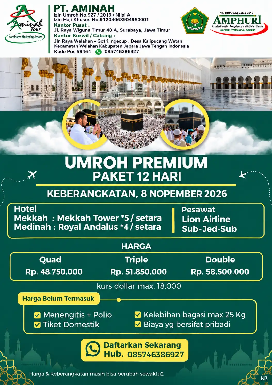 Umrah Premium, 8 Nov 26, 12D, Surabaya